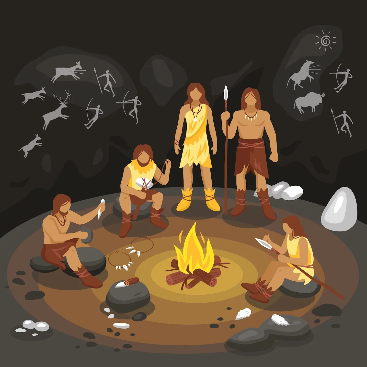 A hunter-gather tribe gathered around a fire